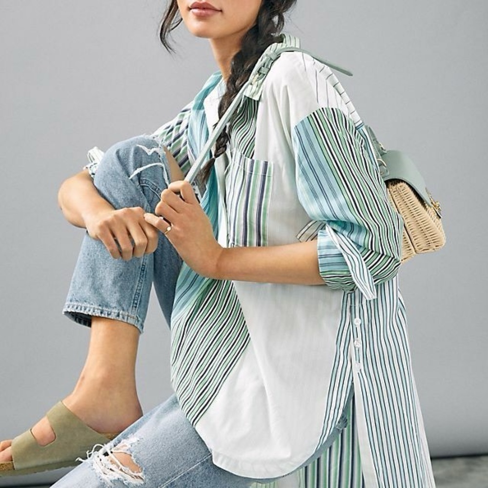 Anthropologie Maeve Oversized Button Down Stripe Alix Henley Pop Over Top - Picture 3 of 11